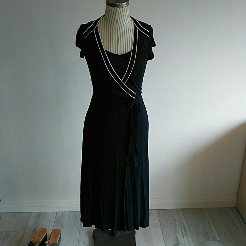 Navy blue white piping wrap dress, navy slip